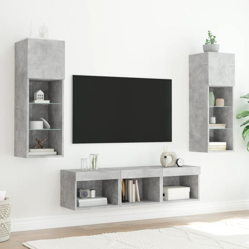 Sieninė TV sekcija su LED, 5 dalių, betono, apdirbta mediena