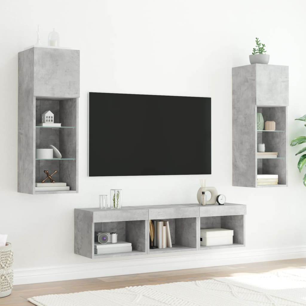 Sieninė TV sekcija su LED, 5 dalių, betono, apdirbta mediena