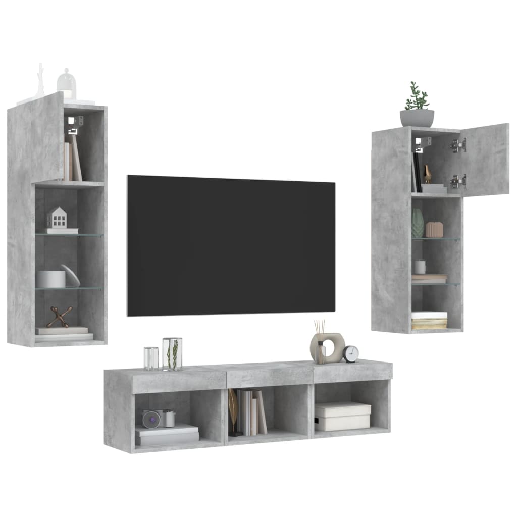 Sieninė TV sekcija su LED, 5 dalių, betono, apdirbta mediena