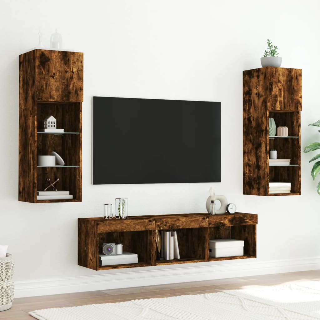 Sieninė TV sekcija su LED, 5 dalių, dūminio ąžuolo, mediena