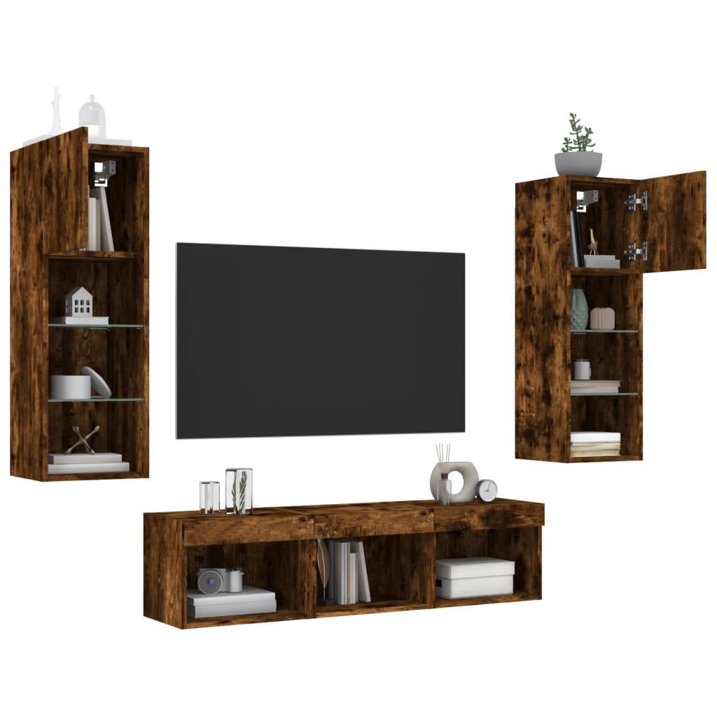 Sieninė TV sekcija su LED, 5 dalių, dūminio ąžuolo, mediena