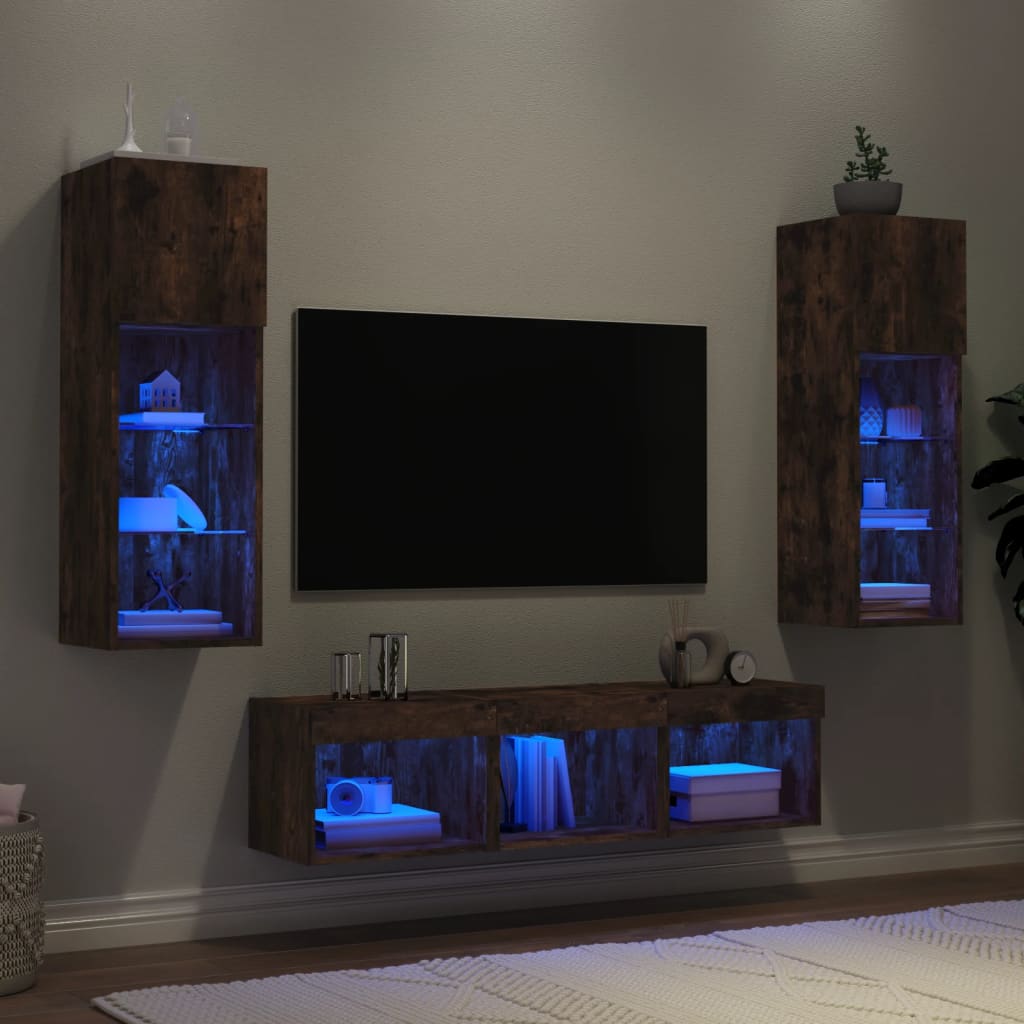 Sieninė TV sekcija su LED, 5 dalių, dūminio ąžuolo, mediena
