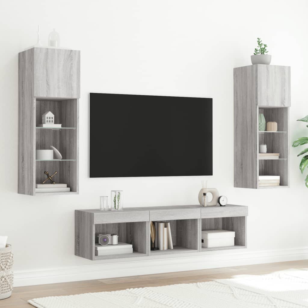 Sieninė TV sekcija su LED, 5 dalių, pilka ąžuolo, mediena