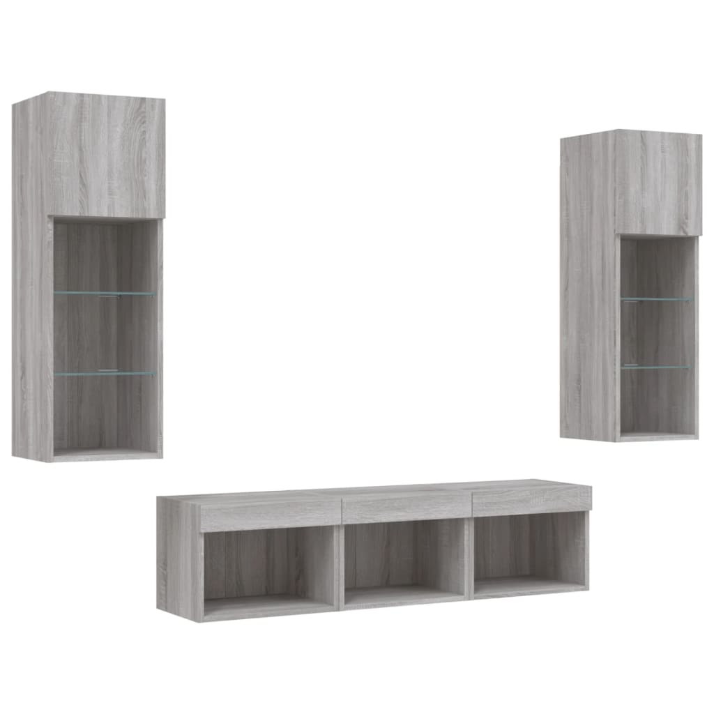 Sieninė TV sekcija su LED, 5 dalių, pilka ąžuolo, mediena