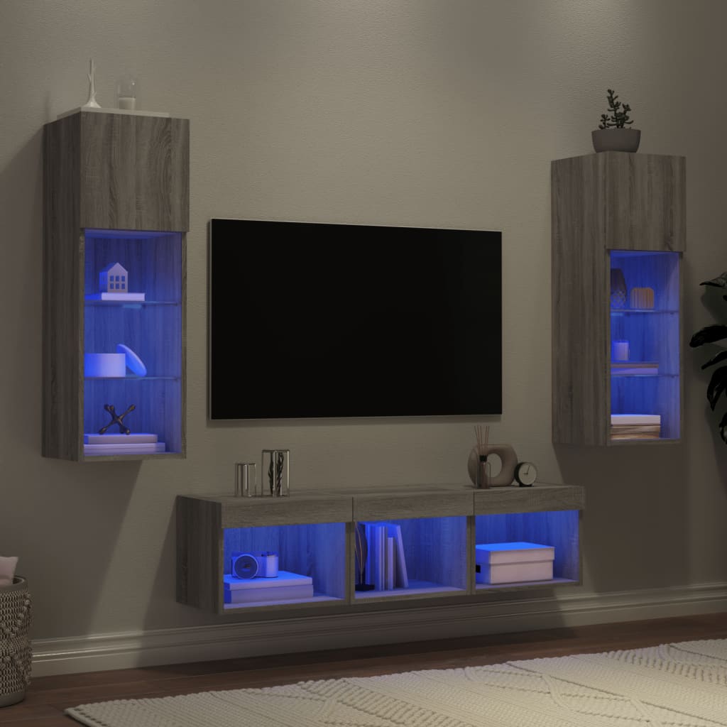 Sieninė TV sekcija su LED, 5 dalių, pilka ąžuolo, mediena