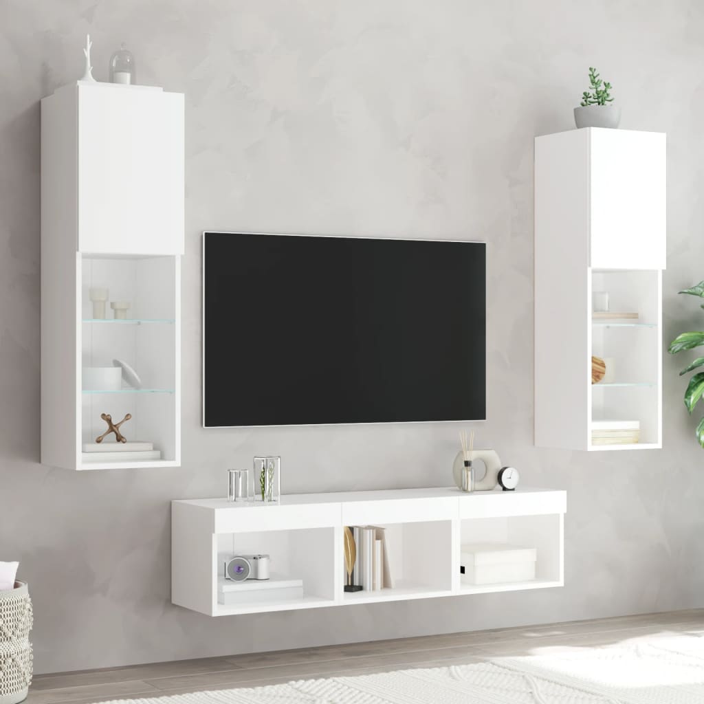 Sieninė TV sekcija su LED, 5 dalių, balta, apdirbta mediena