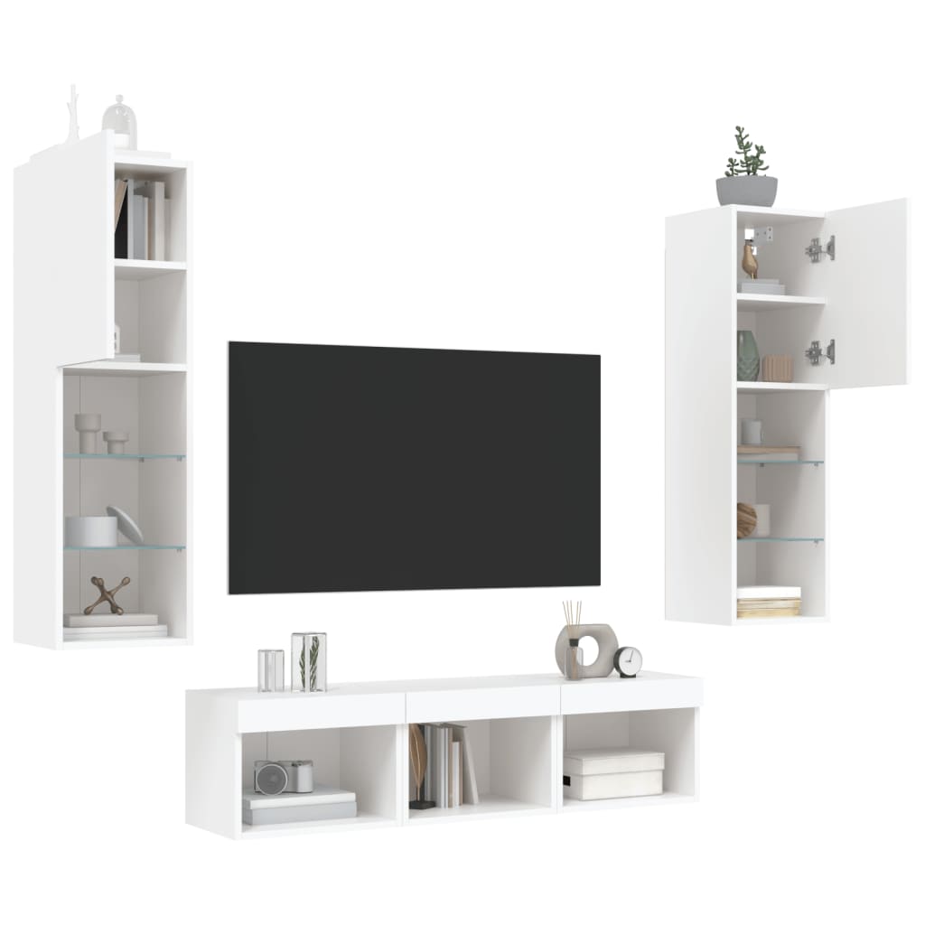 Sieninė TV sekcija su LED, 5 dalių, balta, apdirbta mediena