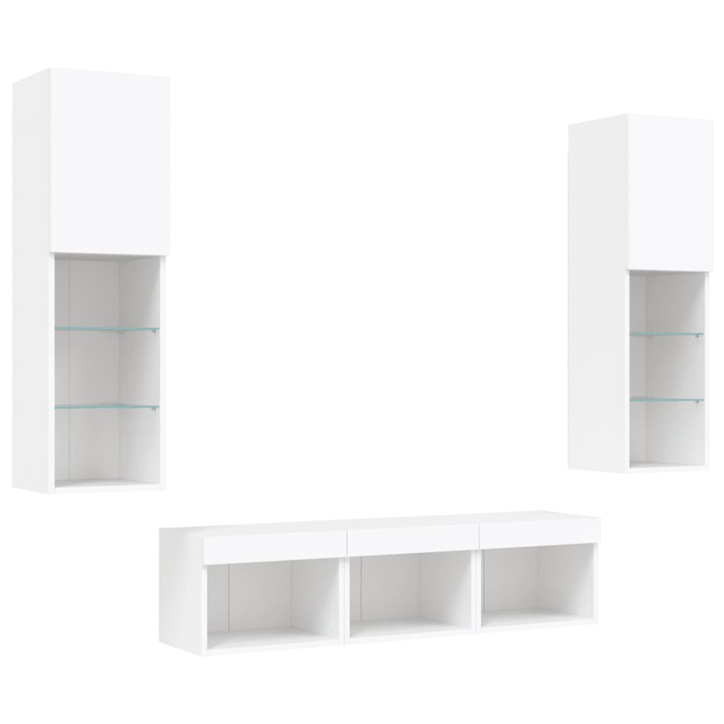 Sieninė TV sekcija su LED, 5 dalių, balta, apdirbta mediena