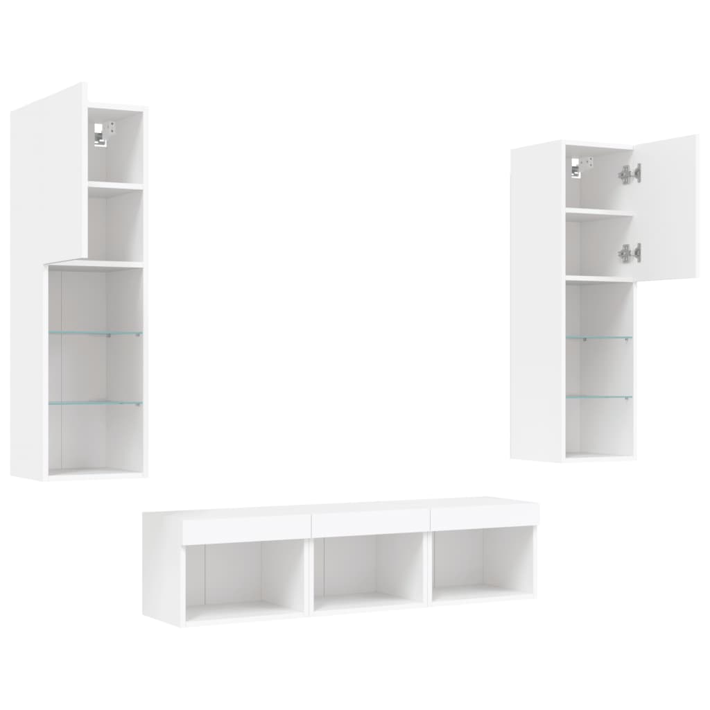 Sieninė TV sekcija su LED, 5 dalių, balta, apdirbta mediena