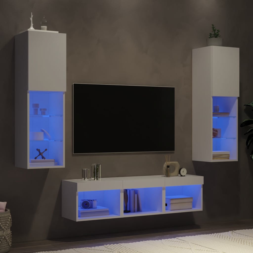Sieninė TV sekcija su LED, 5 dalių, balta, apdirbta mediena