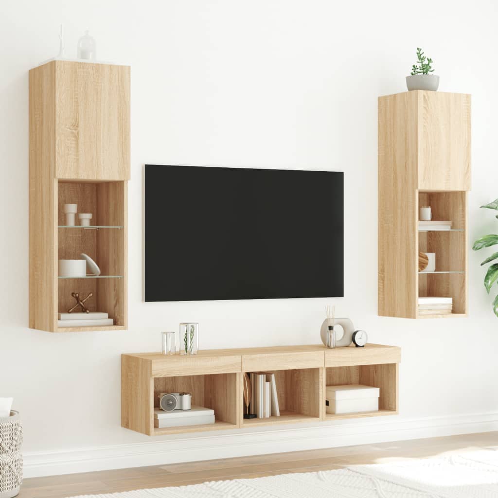 Sieninė TV sekcija su LED, 5 dalių, ąžuolo, apdirbta mediena