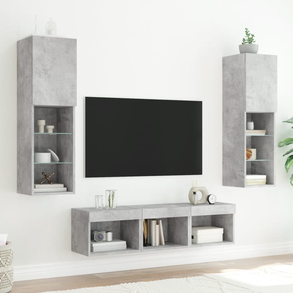 Sieninė TV sekcija su LED, 5 dalių, betono, apdirbta mediena