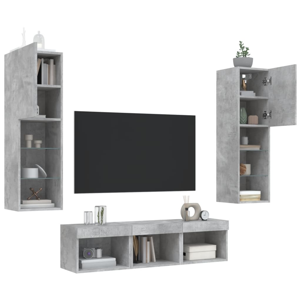 Sieninė TV sekcija su LED, 5 dalių, betono, apdirbta mediena