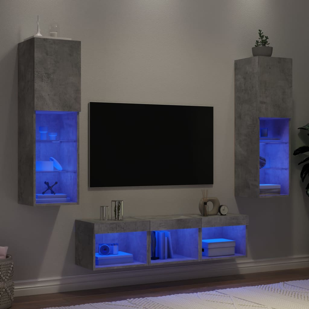 Sieninė TV sekcija su LED, 5 dalių, betono, apdirbta mediena