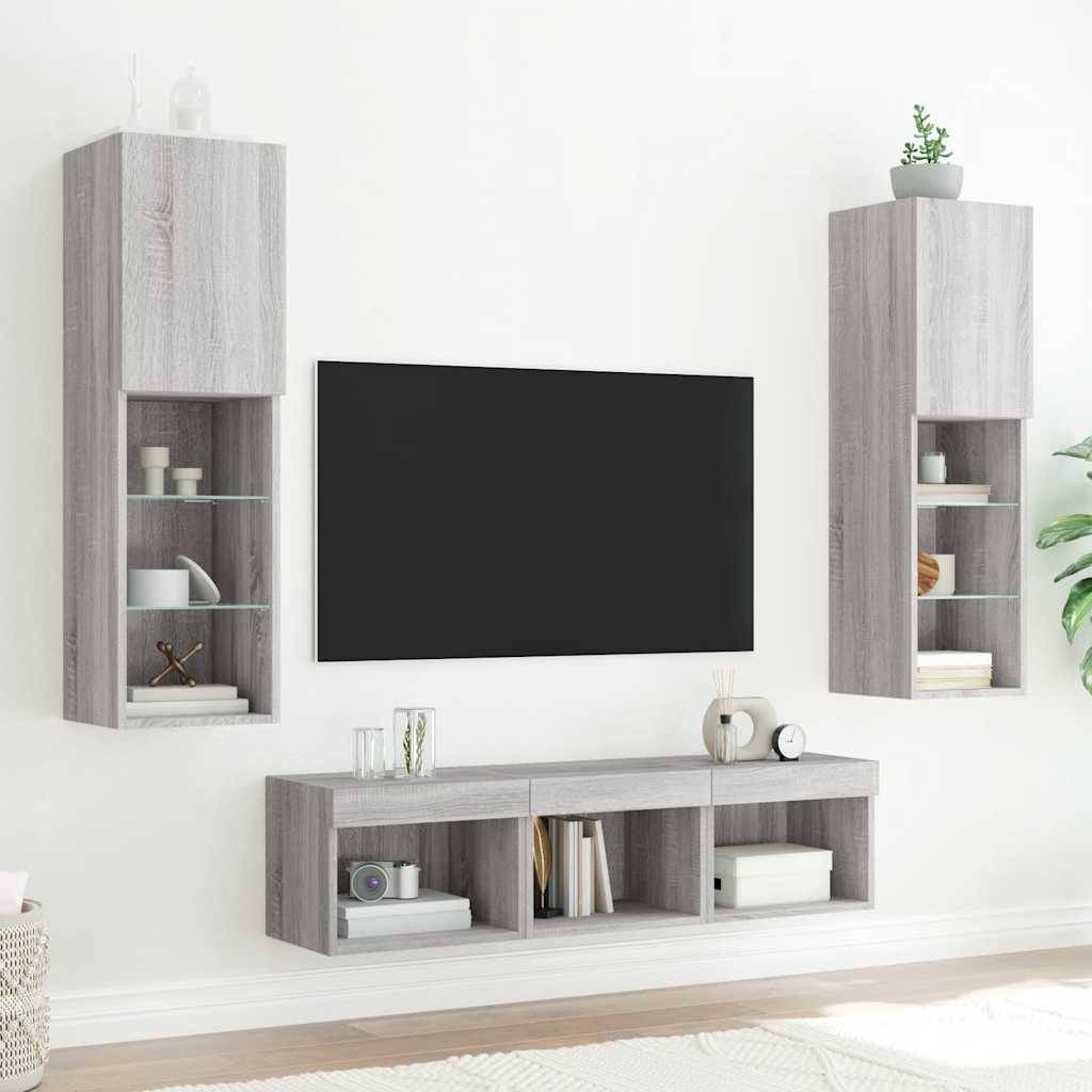 Sienas TV plaukts ar LED, 5 daļas, pelēka ozolkoka, inženierijas koksne