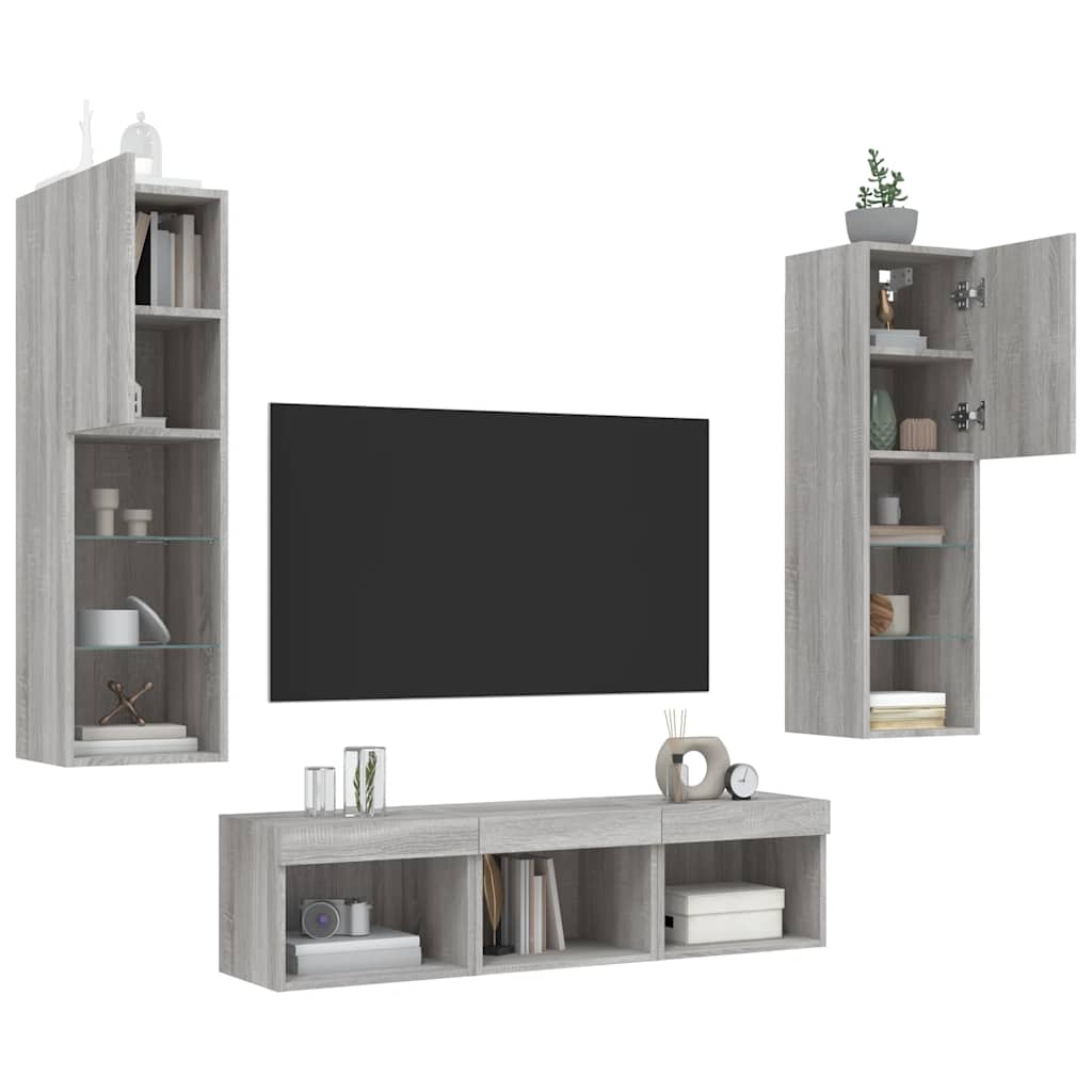 Sieninė TV sekcija su LED, 5 dalių, pilka ąžuolo, mediena