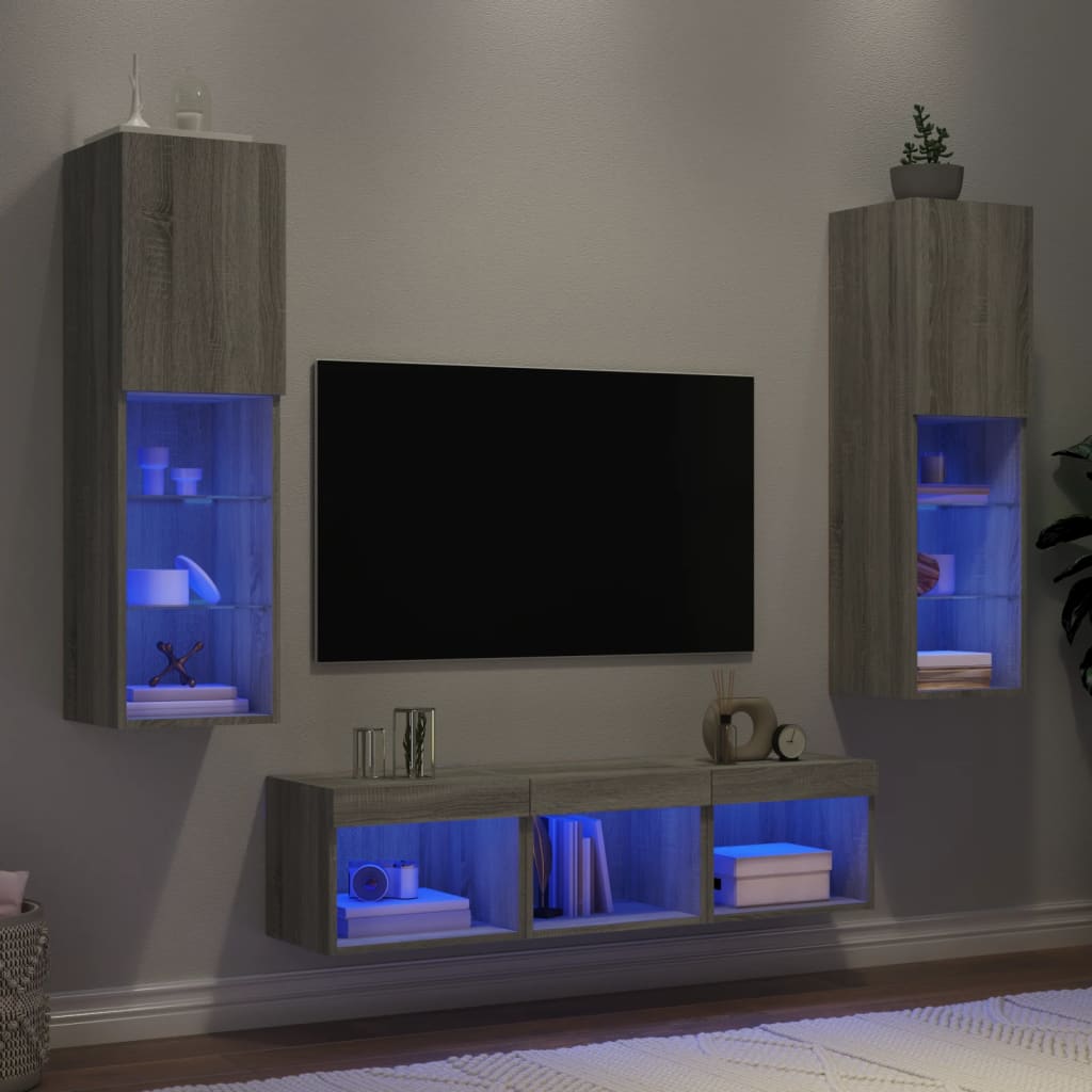 Sienas TV plaukts ar LED, 5 daļas, pelēka ozolkoka, inženierijas koksne