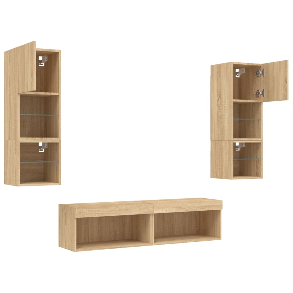 Sieninė TV sekcija su LED, 6 dalių, ąžuolo, apdirbta mediena