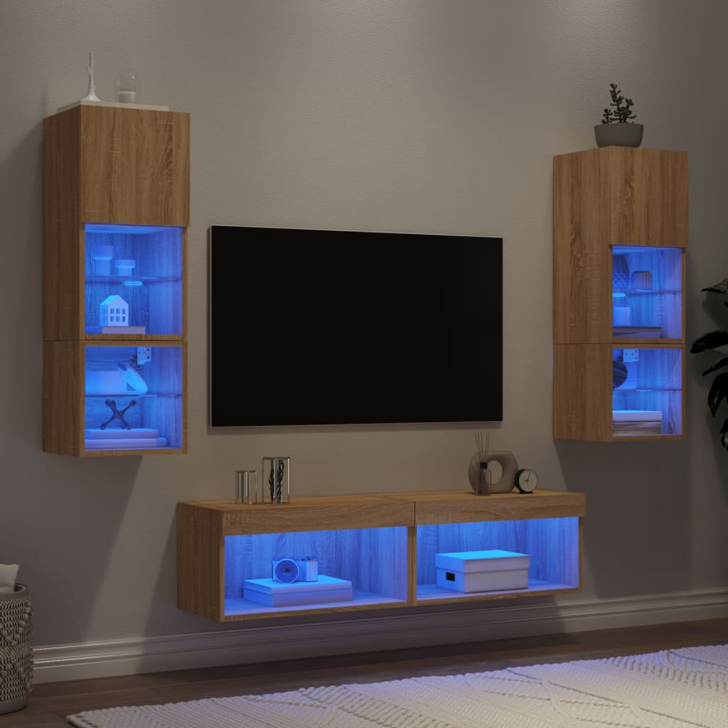Sieninė TV sekcija su LED, 6 dalių, ąžuolo, apdirbta mediena