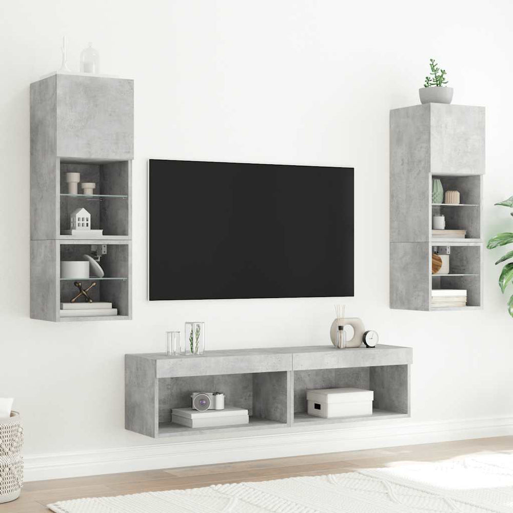 Sieninė TV sekcija su LED, 6 dalių, betono, apdirbta mediena