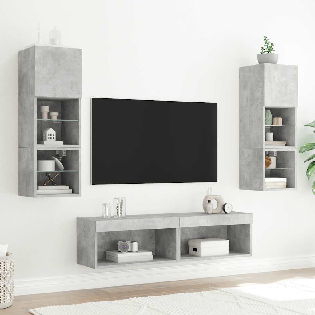 Sieninė TV sekcija su LED, 6 dalių, betono, apdirbta mediena