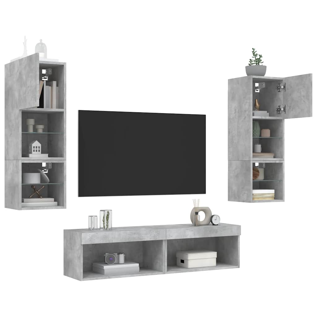 Sieninė TV sekcija su LED, 6 dalių, betono, apdirbta mediena