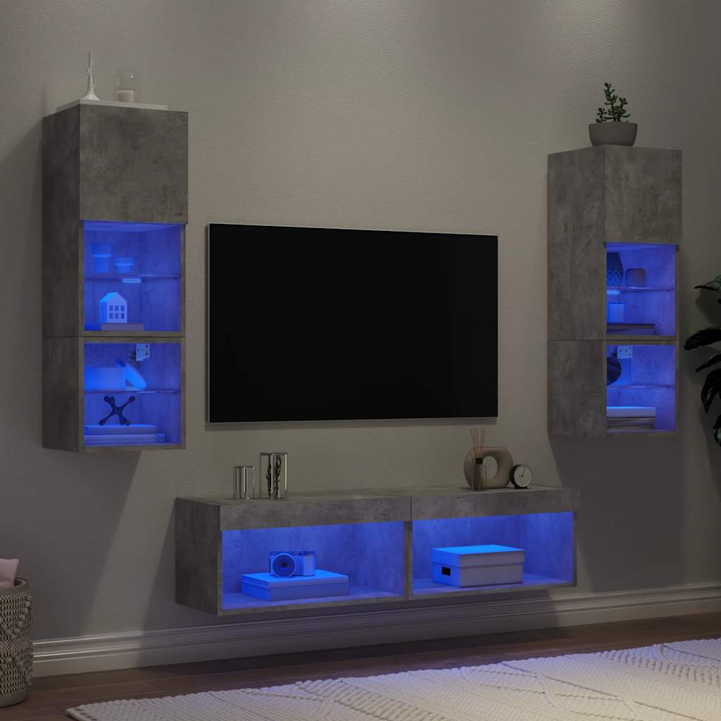 Sieninė TV sekcija su LED, 6 dalių, betono, apdirbta mediena