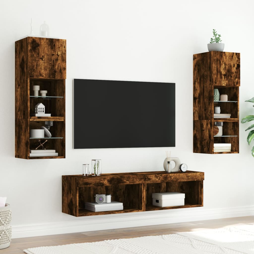 Wall TV cabinet with LED, 6-piece, smoked oak, wood