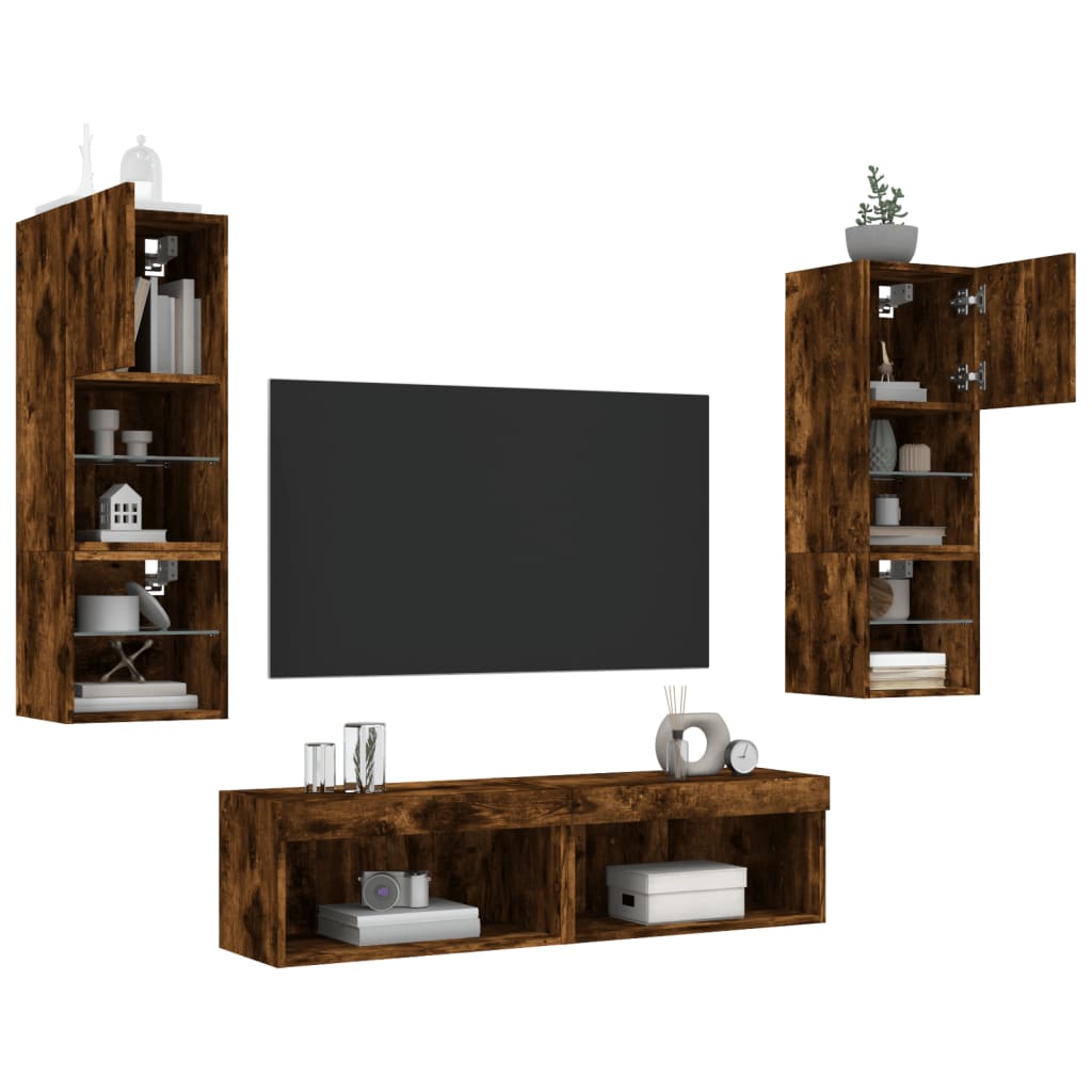 Wall TV cabinet with LED, 6-piece, smoked oak, wood