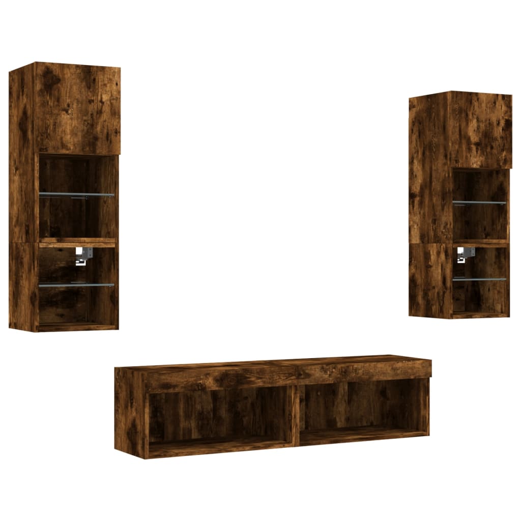 Wall TV cabinet with LED, 6-piece, smoked oak, wood