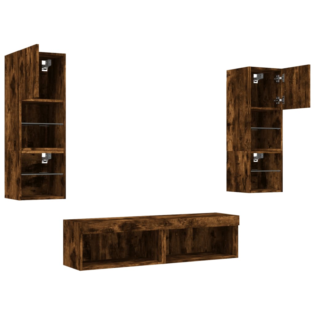 Wall TV cabinet with LED, 6-piece, smoked oak, wood