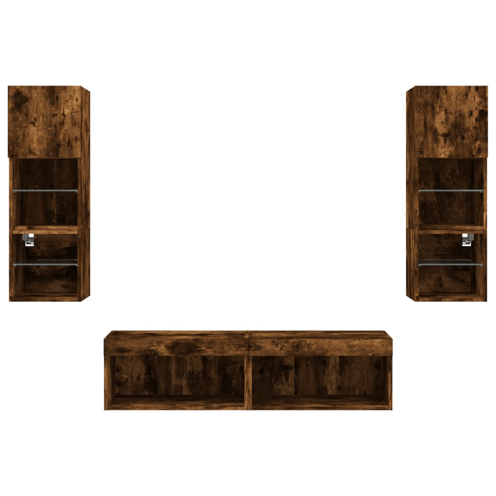 Wall TV cabinet with LED, 6-piece, smoked oak, wood