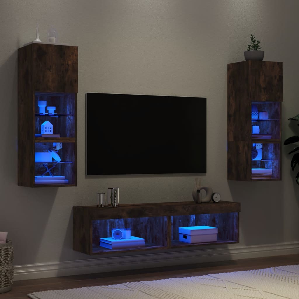Wall TV cabinet with LED, 6-piece, smoked oak, wood