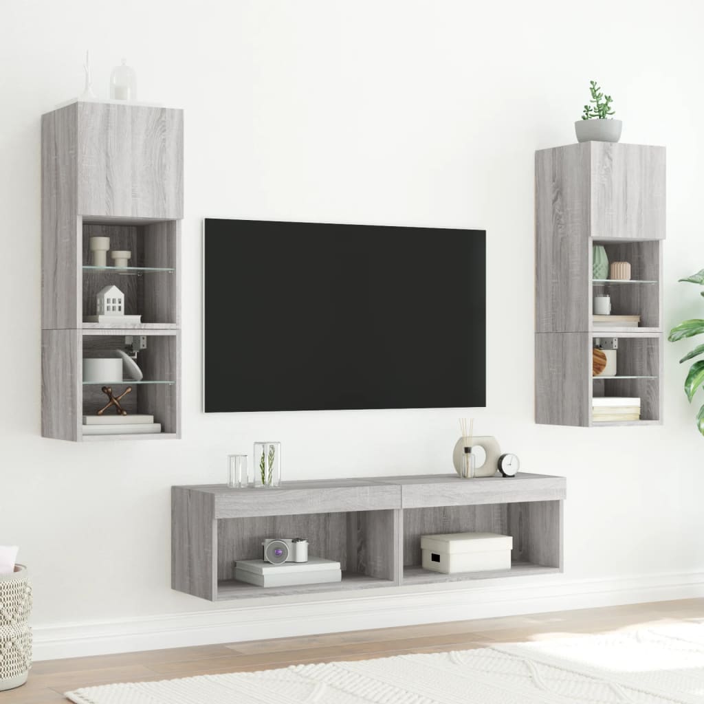 Sieninė TV sekcija su LED, 6 dalių, pilka ąžuolo, mediena