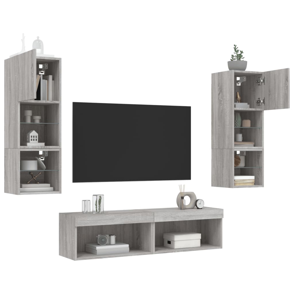 Sieninė TV sekcija su LED, 6 dalių, pilka ąžuolo, mediena