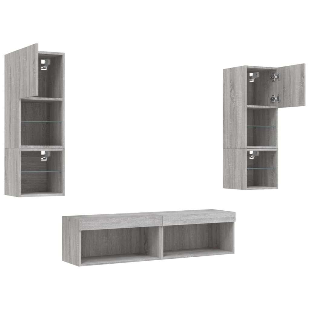 Sieninė TV sekcija su LED, 6 dalių, pilka ąžuolo, mediena