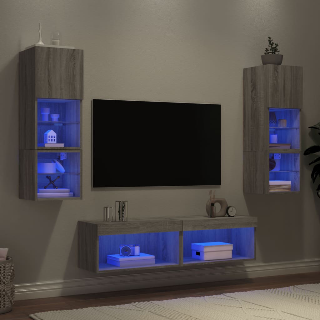 Sieninė TV sekcija su LED, 6 dalių, pilka ąžuolo, mediena