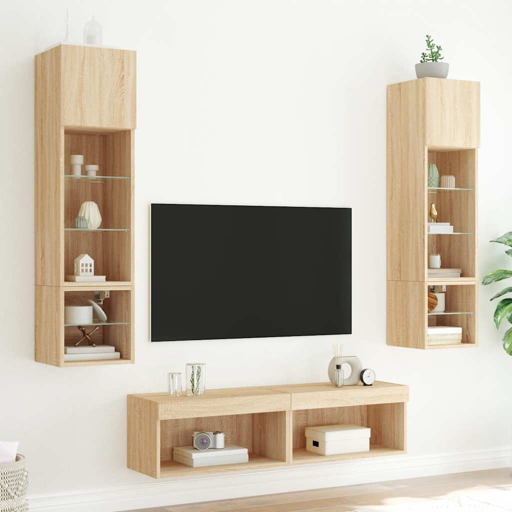 Sienas TV mēbeļu komplekts ar LED apgaismojumu, 6 daļas, ozolkoka apdare, inženierijas koksne