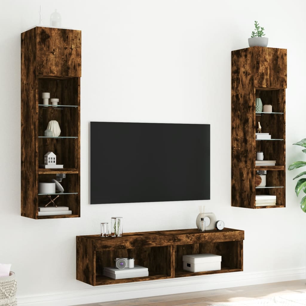 Sieninė TV sekcija su LED, 6 dalių, dūminio ąžuolo, mediena