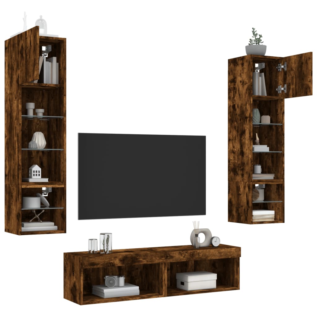 Sieninė TV sekcija su LED, 6 dalių, dūminio ąžuolo, mediena