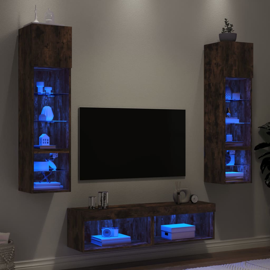Sieninė TV sekcija su LED, 6 dalių, dūminio ąžuolo, mediena