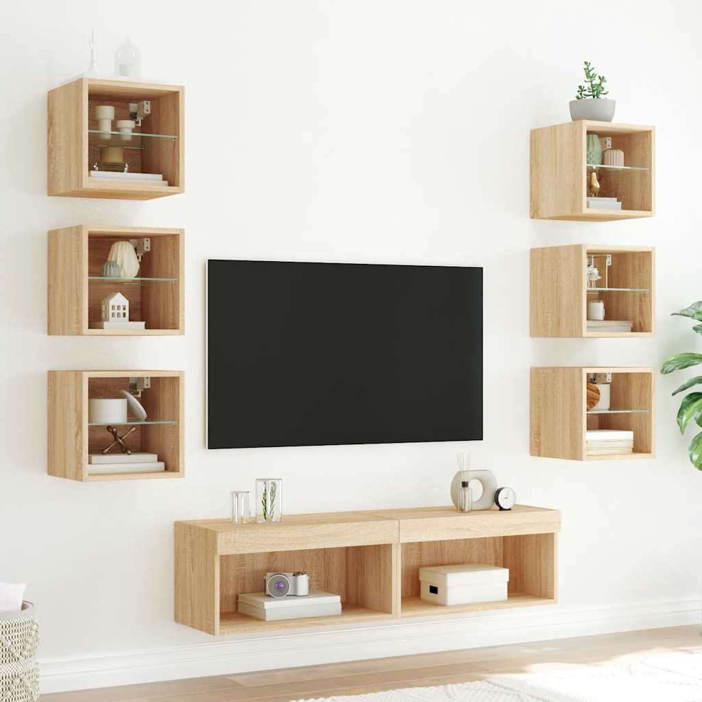 Sieninė TV sekcija su LED, 8 dalių, ąžuolo, apdirbta mediena