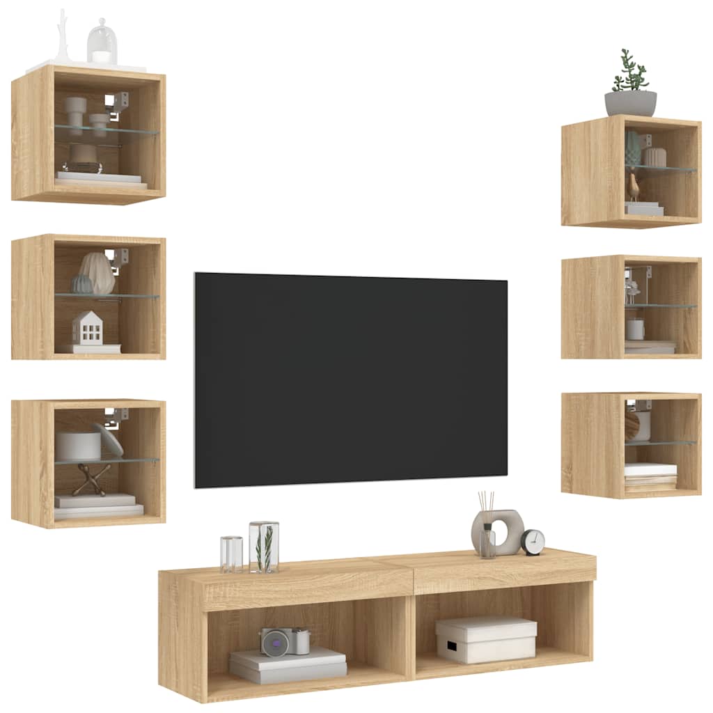 Sieninė TV sekcija su LED, 8 dalių, ąžuolo, apdirbta mediena