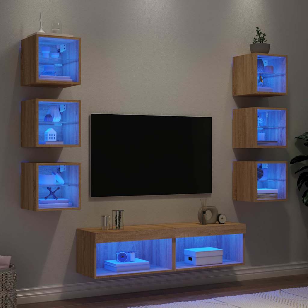 Sieninė TV sekcija su LED, 8 dalių, ąžuolo, apdirbta mediena