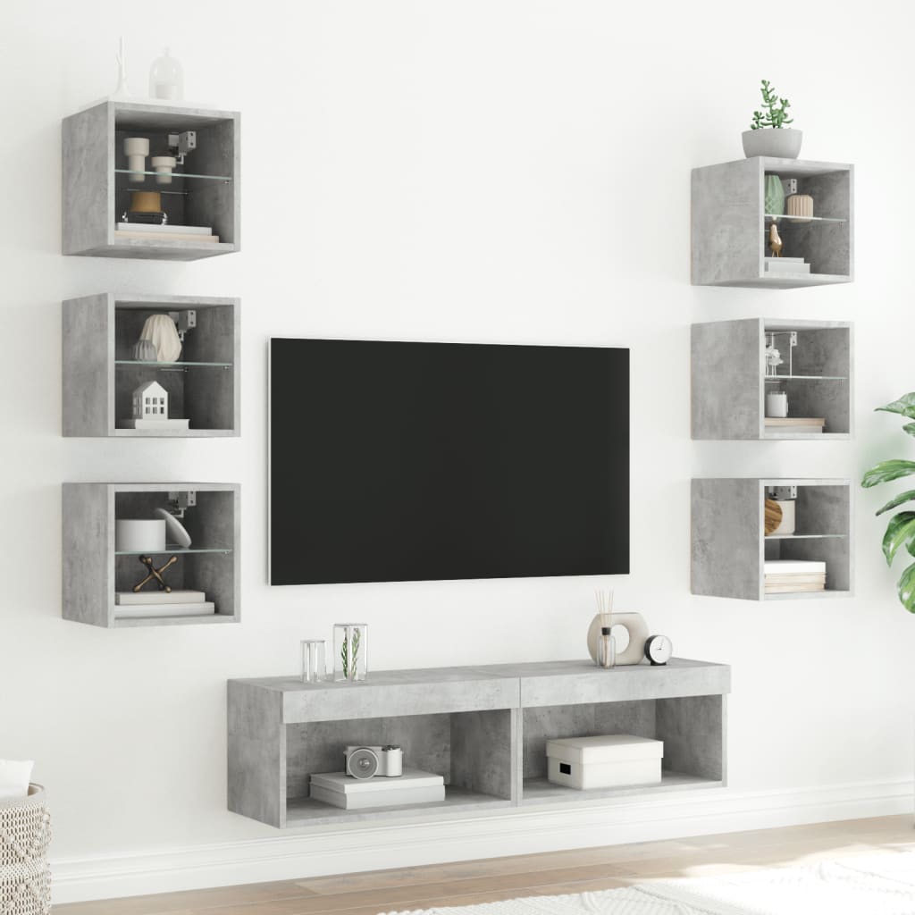 Sienas TV skapis ar LED, 8 daļīgs, betona krāsas, apstrādāta koksne