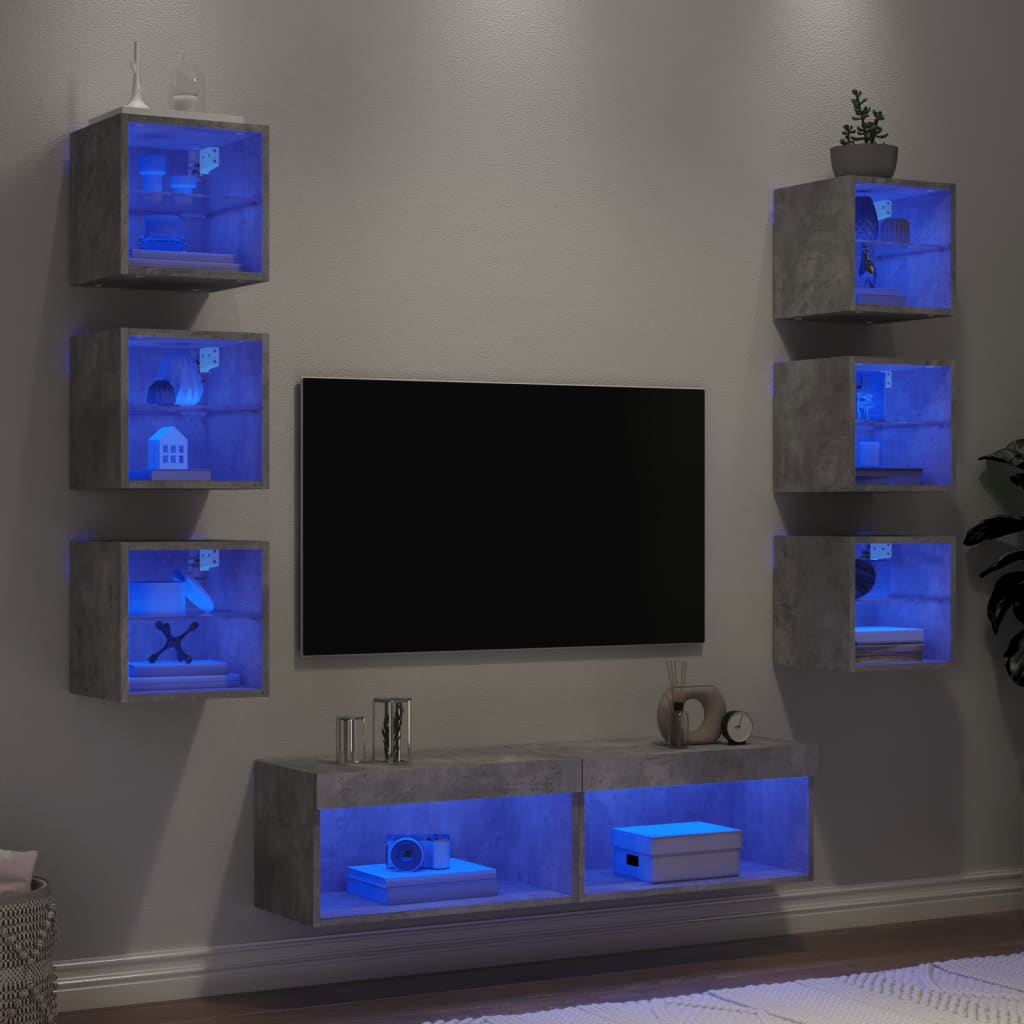 Sienas TV skapis ar LED, 8 daļīgs, betona krāsas, apstrādāta koksne