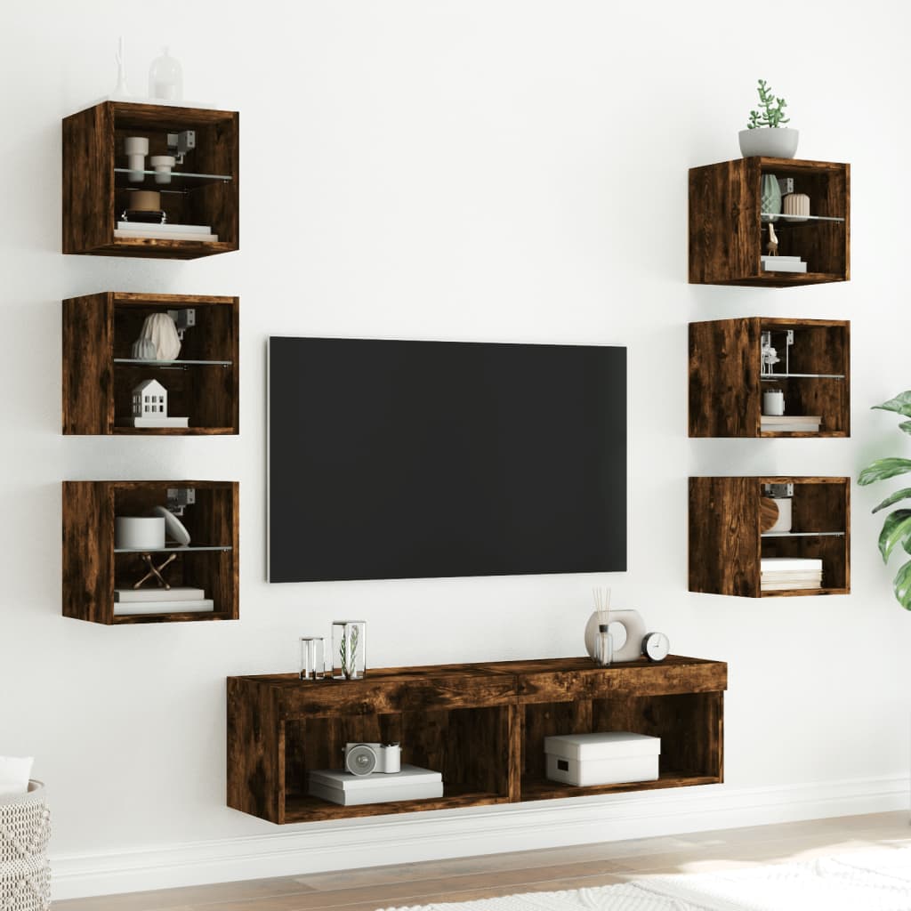 Sieninė TV sekcija su LED, 8 dalių, dūminio ąžuolo, mediena