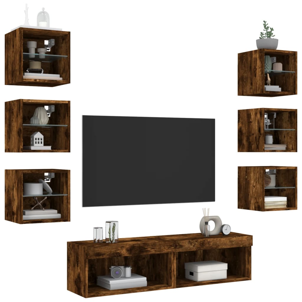 Sieninė TV sekcija su LED, 8 dalių, dūminio ąžuolo, mediena