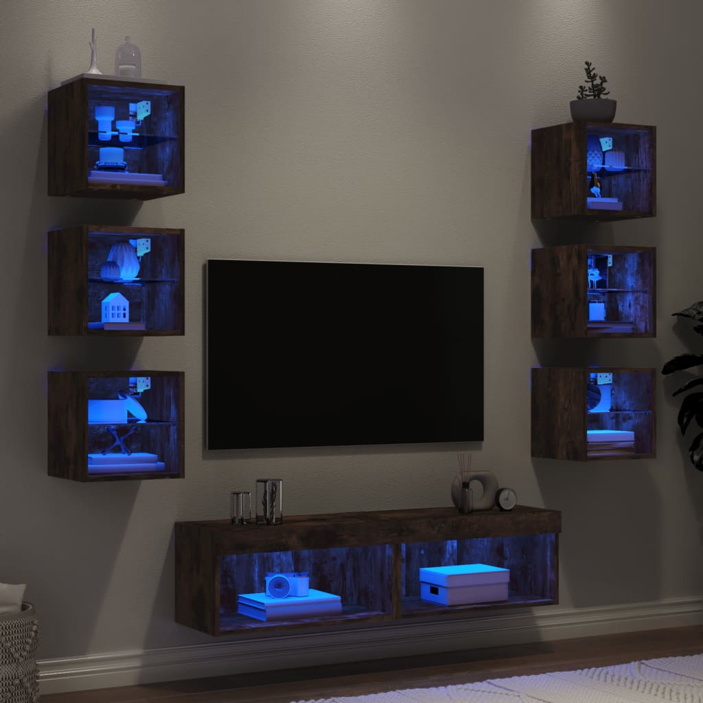 Sieninė TV sekcija su LED, 8 dalių, dūminio ąžuolo, mediena