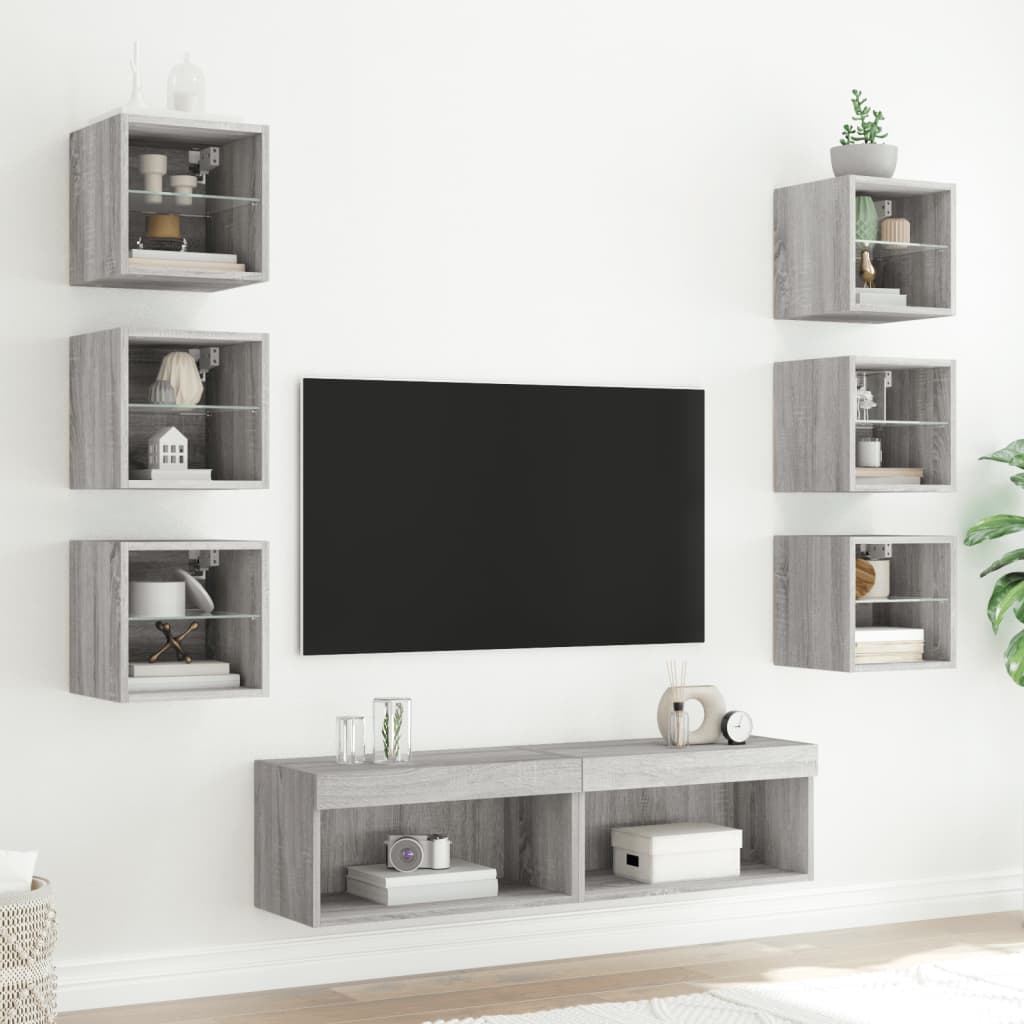 Sienas TV plaukts ar LED, 8 daļas, pelēks ozols, koks